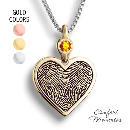 Fingerprint Heart Necklace with Gemstone Urn Capsule Bail - Gold