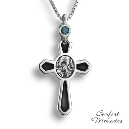 Fingerprint Cross Necklace with Gemstone Urn Capsule Bail - Silver