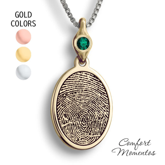 Fingerprint Oval Necklace with Gemstone Urn Capsule Bail - Gold