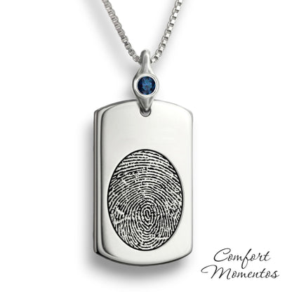 Fingerprint Dog Tag Necklace with Gemstone Urn Capsule Bail - Silver [Regular]