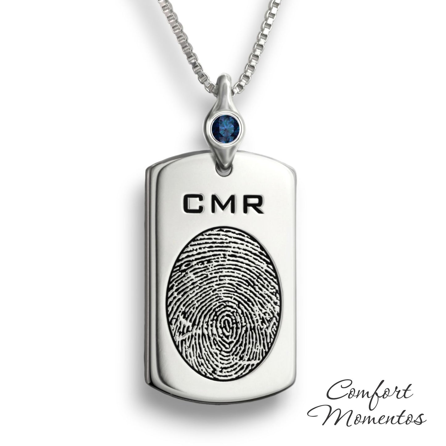 Fingerprint Dog Tag Necklace with Gemstone Urn Capsule Bail - Silver [Regular]