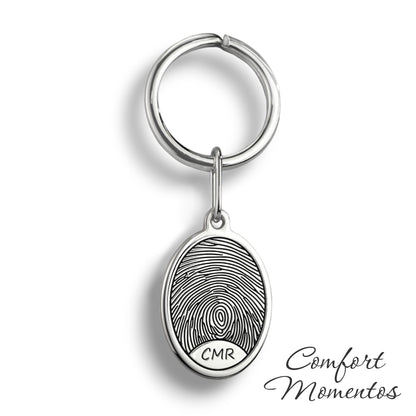 Fingerprint Oval Keychain - Silver