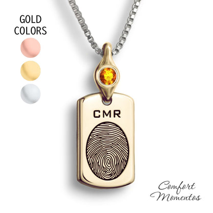 Fingerprint Dog Tag Necklace with Gemstone Urn Capsule Bail - Gold [Small]