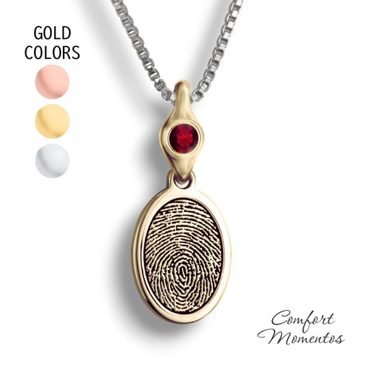 Fingerprint Oval Necklace with Gemstone Urn Capsule Bail - Gold [Small]