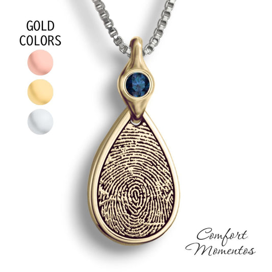 Fingerprint Teardrop Necklace with Gemstone Urn Bail - Gold