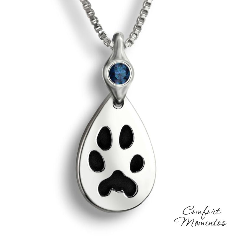 Pawprint Teardrop Necklace with Gemstone Urn Capsule Bail - Silver