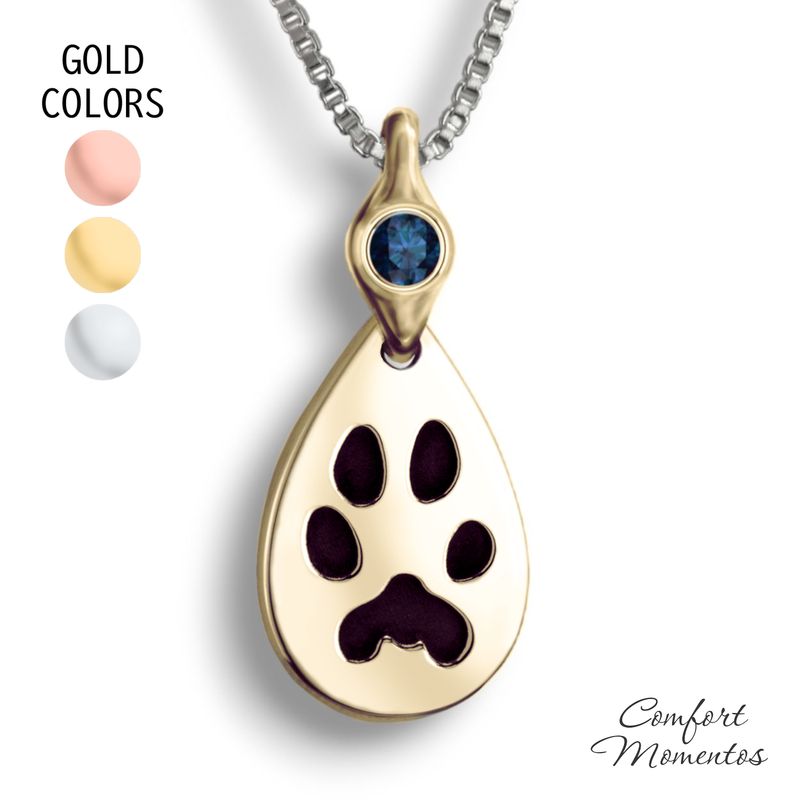 Pawprint Teardrop Necklace with Gemstone Urn Capsule Bail - Gold