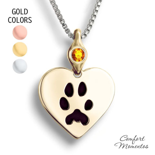 Pawprint Heart Necklace with Gemstone Urn Capsule Bail - Gold