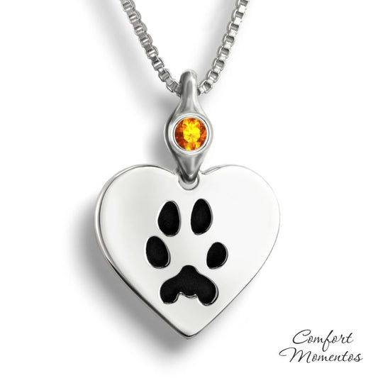 Pawprint Heart Necklace with Gemstone Urn Capsule Bail - Silver