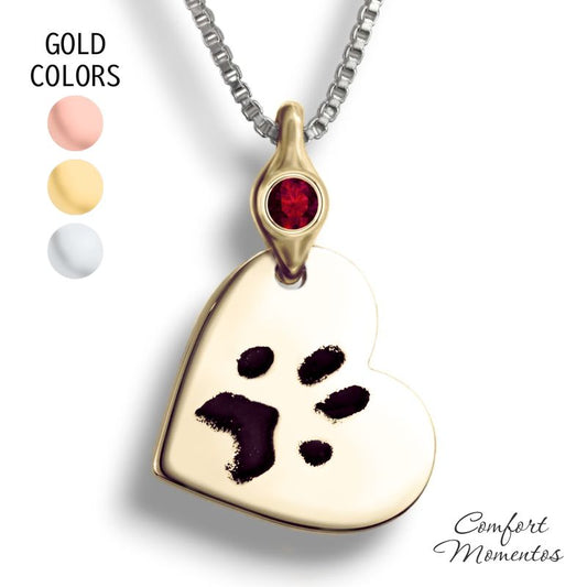 Pawprint Tilted Heart Necklace with Gemstone Urn Capsule Bail - Gold