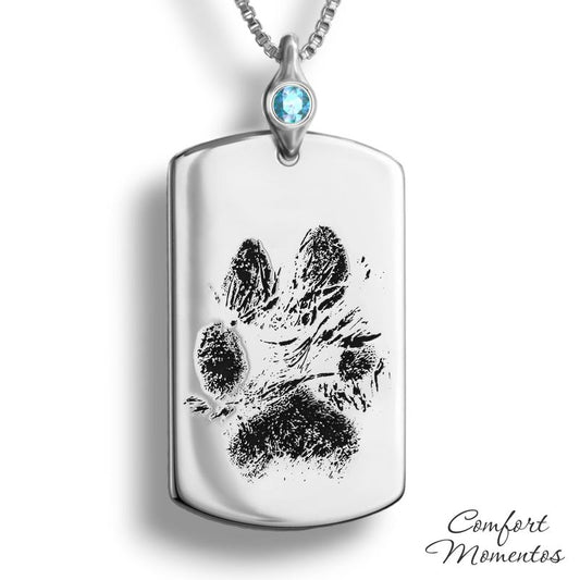 Pawprint Dog Tag Necklace with Gemstone Urn Capsule Bail - Silver [Large]