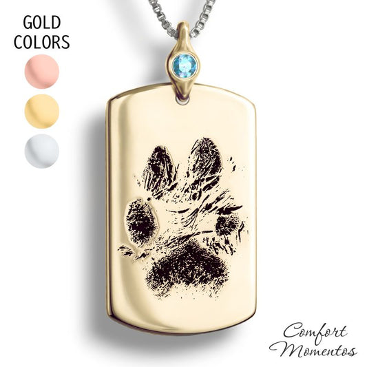 Pawprint Dog Tag Necklace with Gemstone Urn Capsule Bail - Gold [Large]
