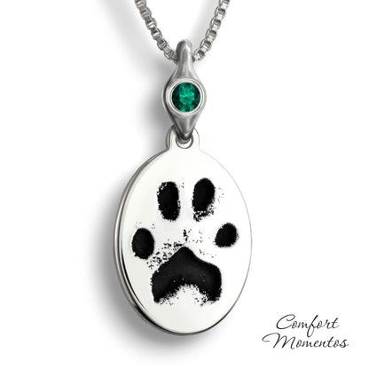 Pawprint Oval Necklace with Gemstone Urn Capsule Bail - Silver