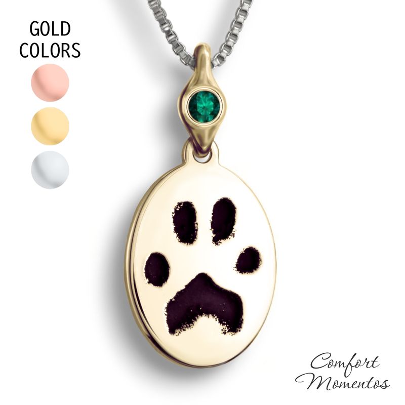 Pawprint Oval Necklace with Gemstone Urn Capsule Bail - Gold