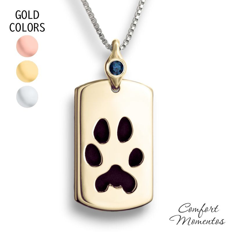 Pawprint Dog Tag Necklace with Gemstone Urn Capsule Bail - Gold [Regular]