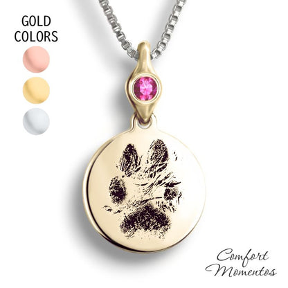 Pawprint Round Necklace with Gemstone Urn Capsule Bail - Gold