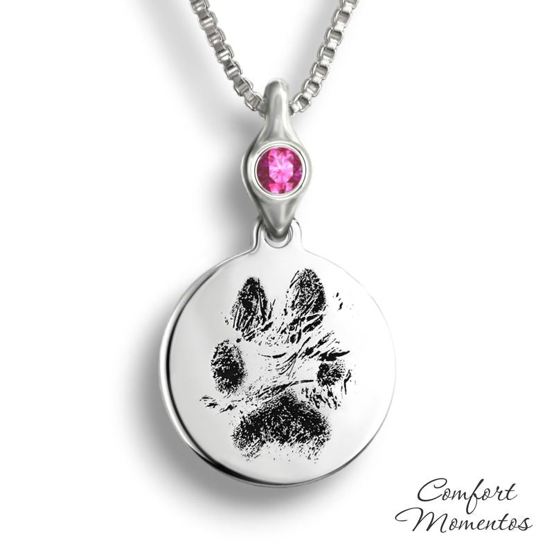 Pawprint Round Necklace with Gemstone Urn Capsule Bail - Silver