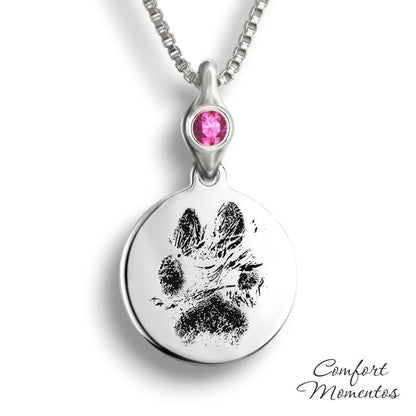 Pawprint Round Necklace with Gemstone Urn Capsule Bail - Silver