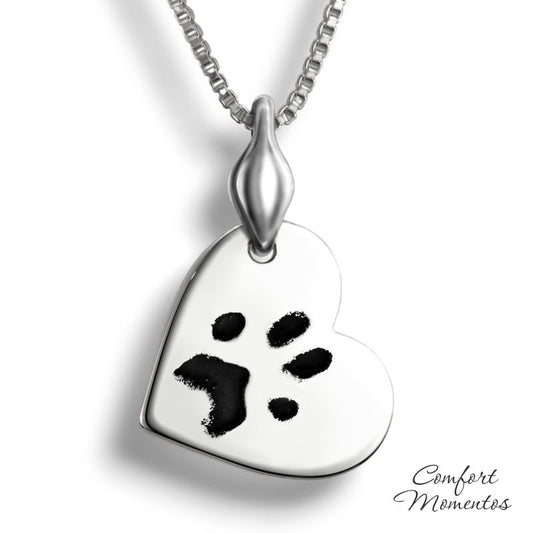 Pawprint Tilted Heart Necklace with Urn Capsule Bail - Silver