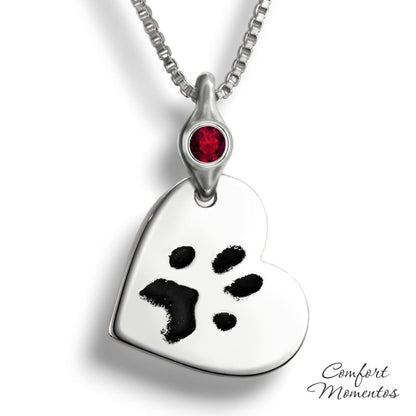 Pawprint Tilted Heart Necklace with Gemstone Urn Capsule Bail - Silver