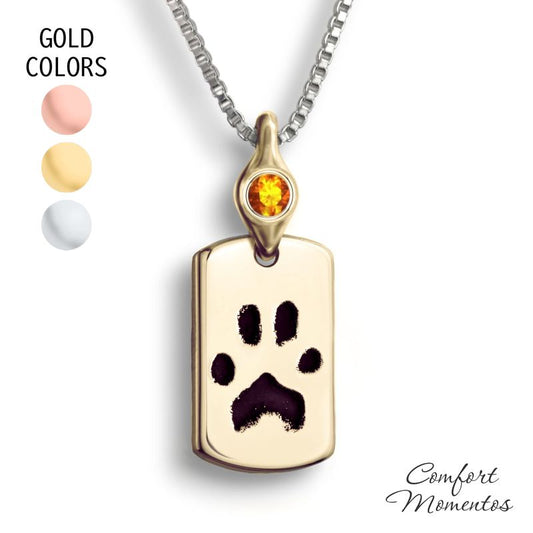 Pawprint Dog Tag Necklace with Gemstone Urn Capsule Bail - Gold [Small]