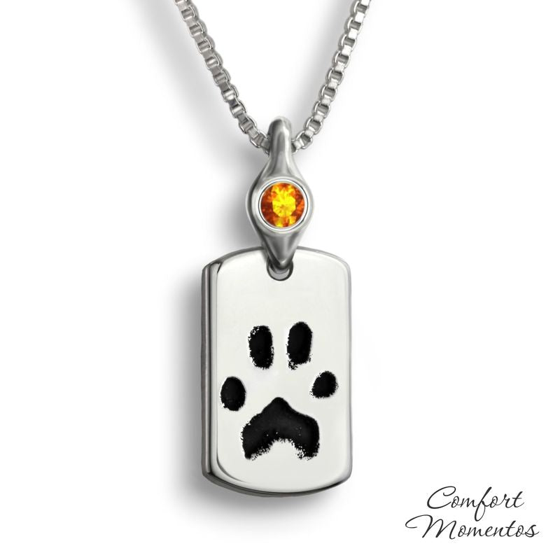 Pawprint Dog Tag Necklace with Gemstone Urn Capsule Bail - Silver [Small]