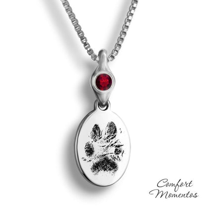 Pawprint Oval Necklace with Gemstone Urn Capsule Bail - Silver [Small]